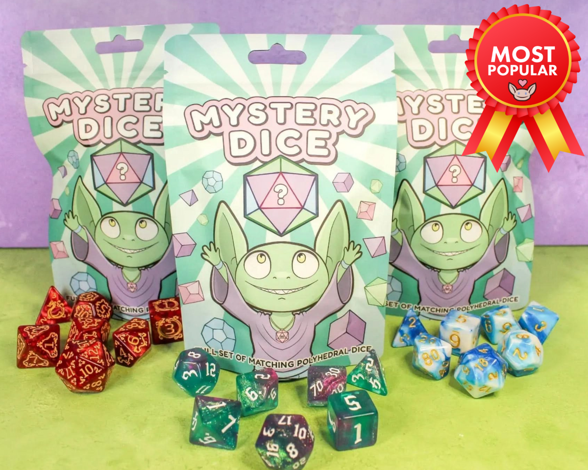 Mystery Dice BIGGER Bundle featuring three mystery packets among assorted red, green, and blue polyhedral D&D dice.