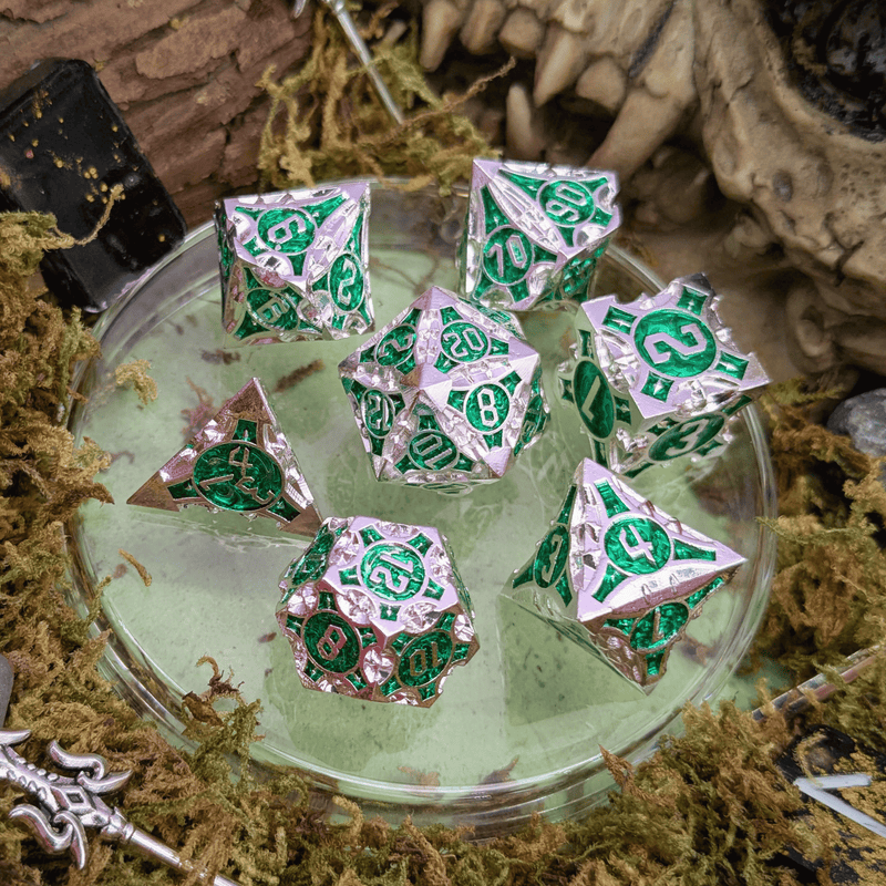 Point Silver and Green Metal Core Dice Set