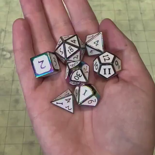 White and Rainbow Metal Dice Set | Dungeons and Dragons DnD Dice