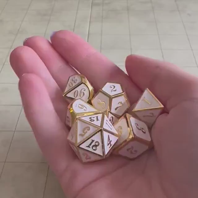 White and Gold Metal Dice Set | Dungeons and Dragons DnD Dice | White metal dice with Gold Writing
