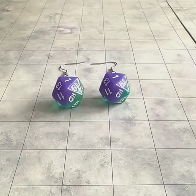 Green and Blue Purple D&D D20 Dice Earrings - Full Size D20 - RPG Fantasy Gift DND