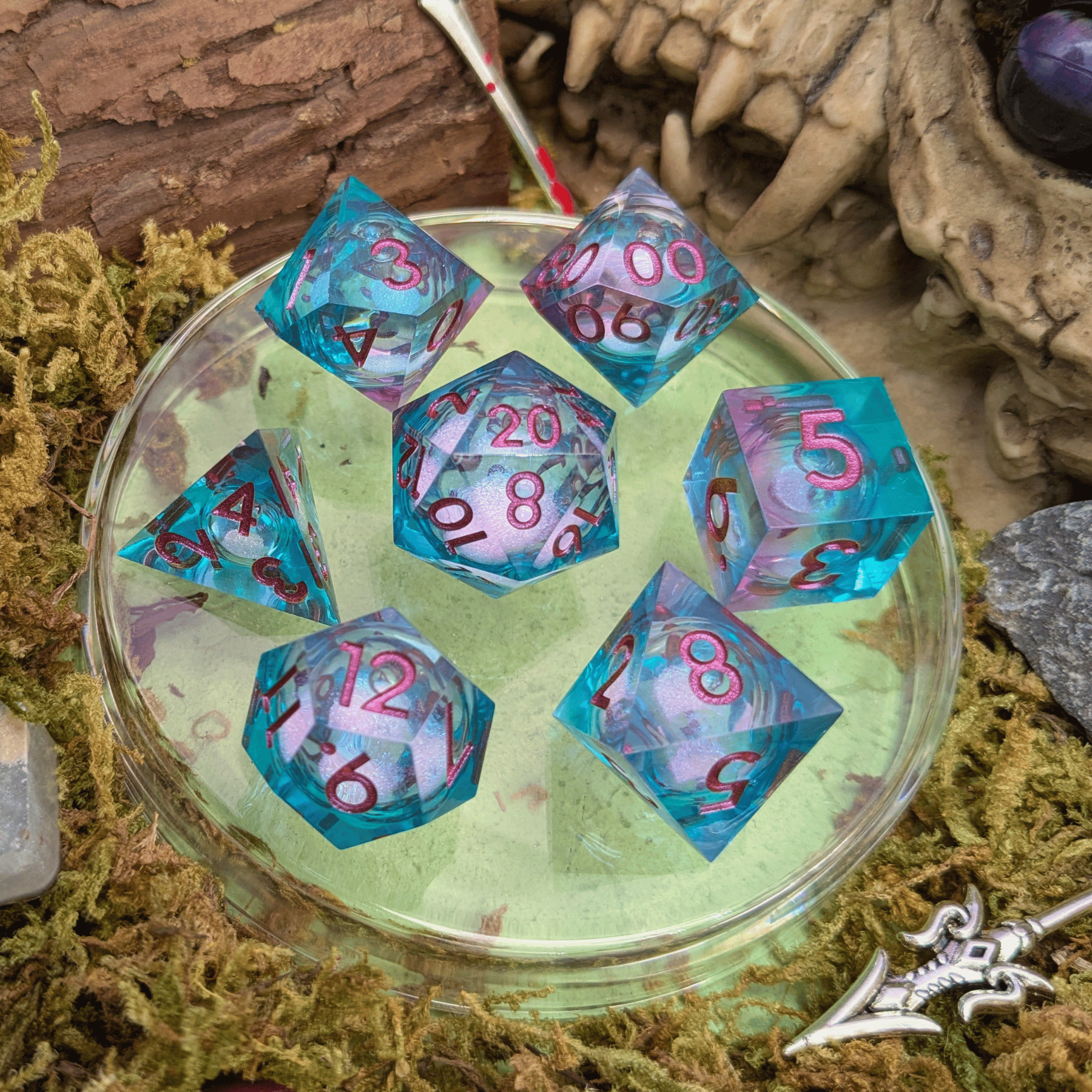Shimmer Blue and Purple Liquid Core Dice Set