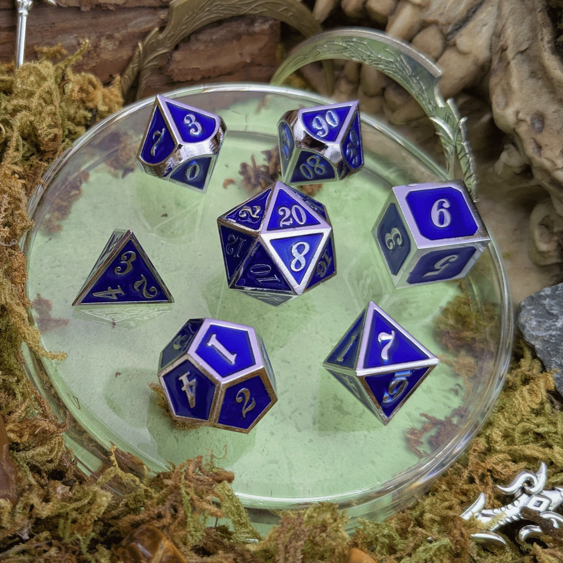 Simple Dark Blue and Silver Metal Core Dice Set