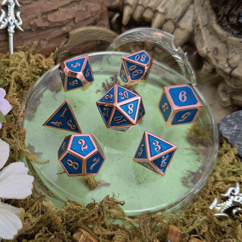 Blue and Rose Gold Metal Dice Set
