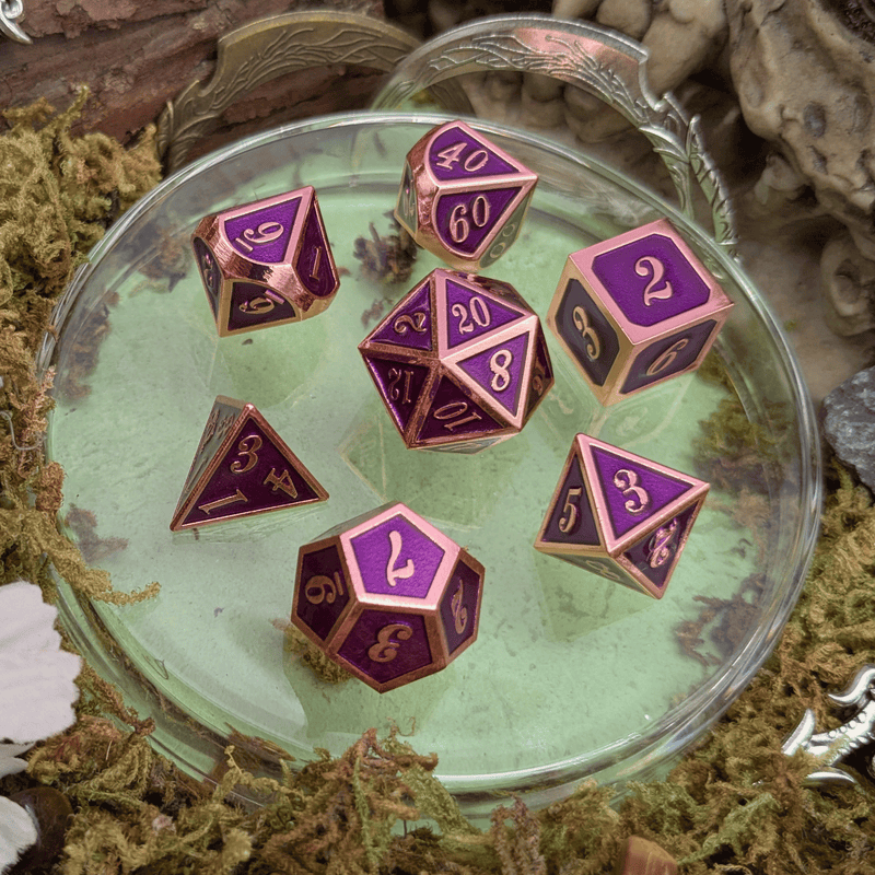 Purple and Rose Gold Metal Dice Set