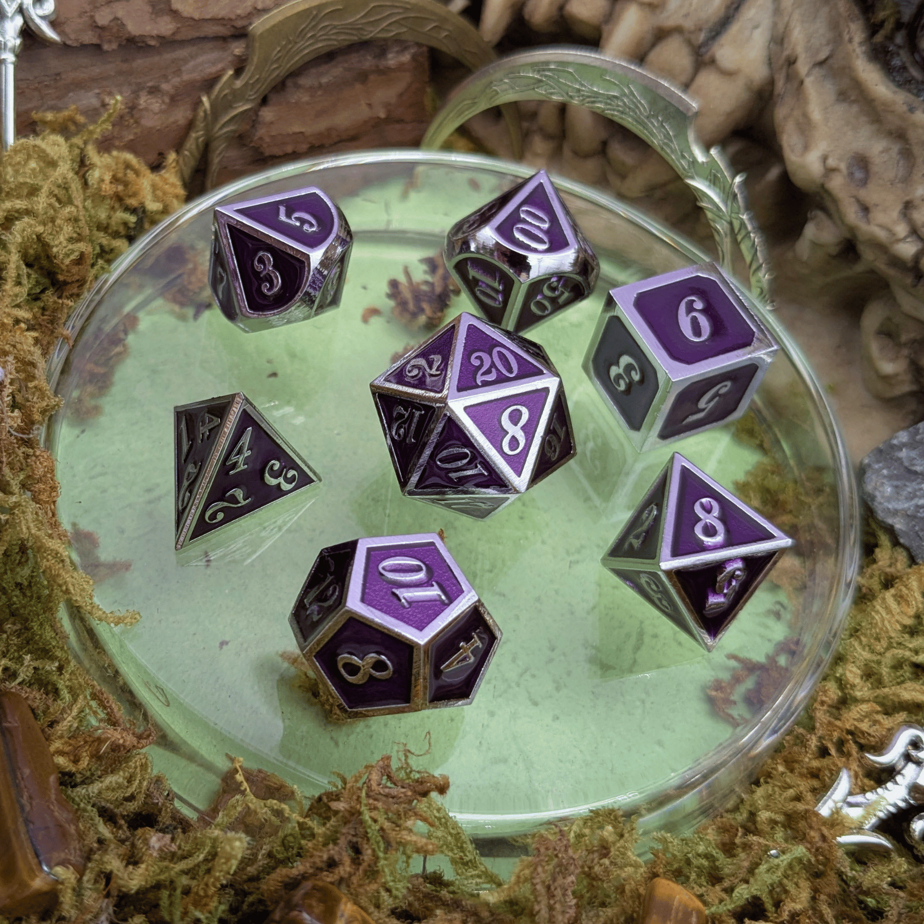 Simple Purple and Silver Metal Core Dice Set