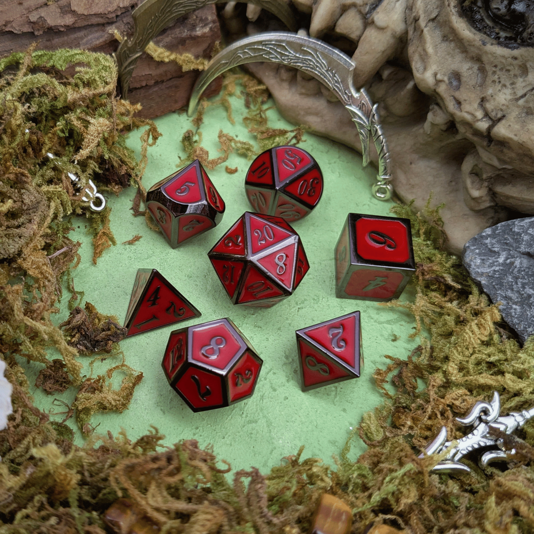 Red with Black outline Metal Dice Set
