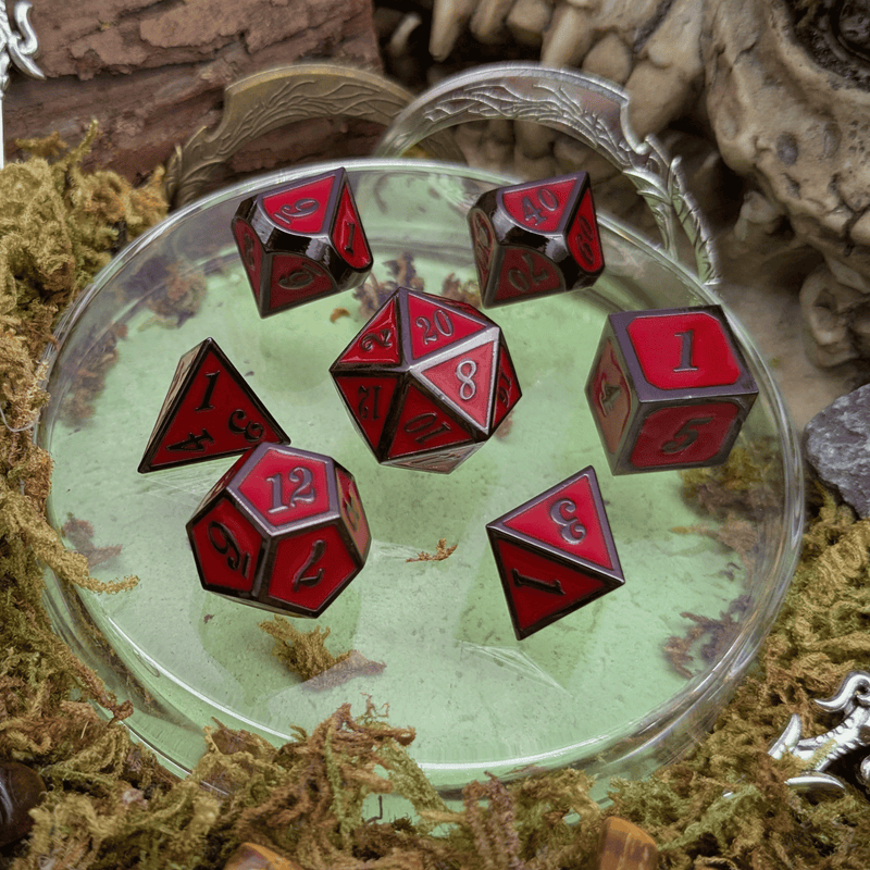Red with Black outline Metal Dice Set