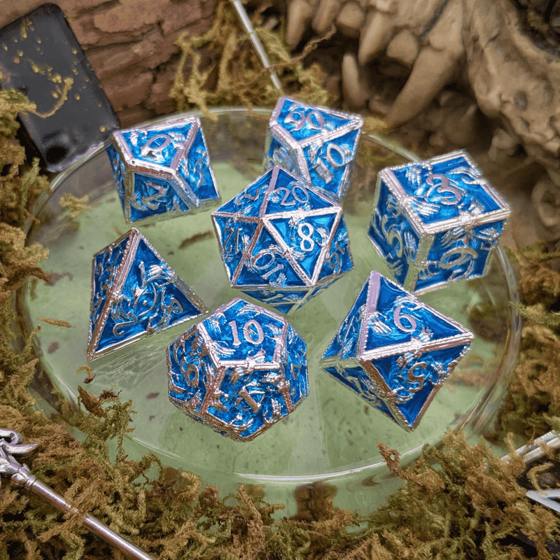 Skeleton Silver and Blue Metal Core Dice Set