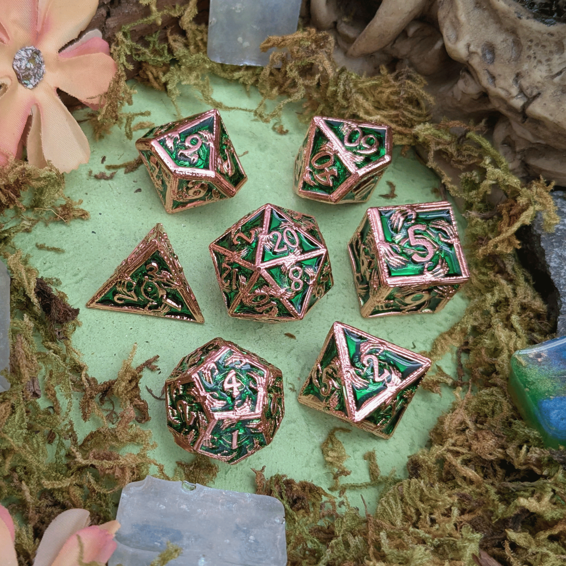 Skeleton Green and Copper Metal Core Dice Set
