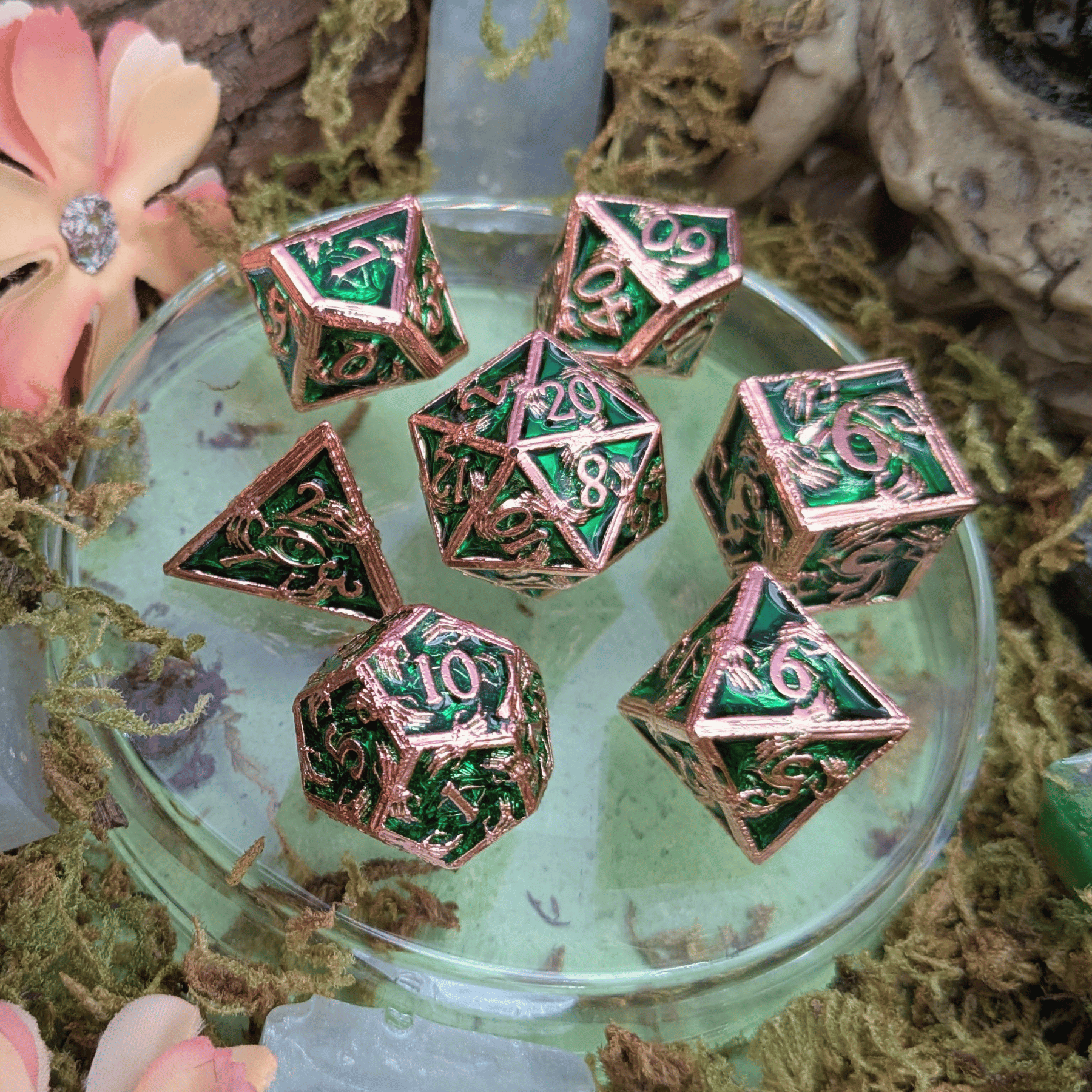 Skeleton Green and Copper Metal Core Dice Set