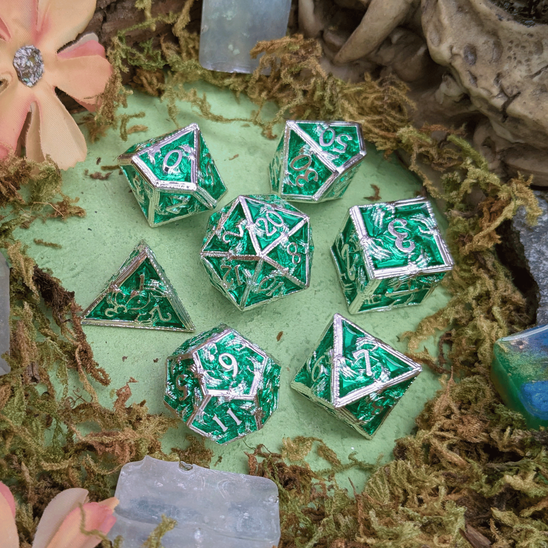 Skeleton Green and Silver Metal Core Dice Set