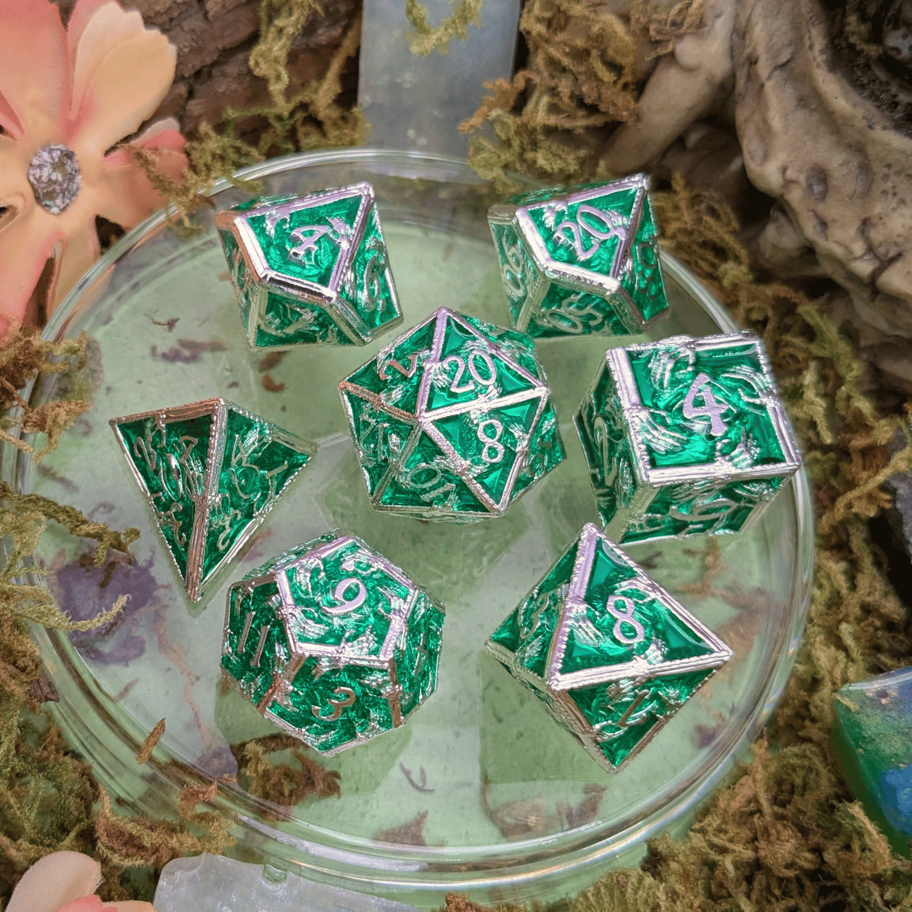 Skeleton Green and Silver Metal Core Dice Set