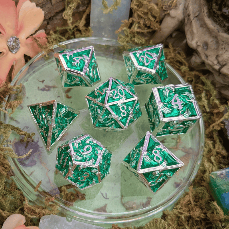Skeleton Green and Silver Metal Core Dice Set