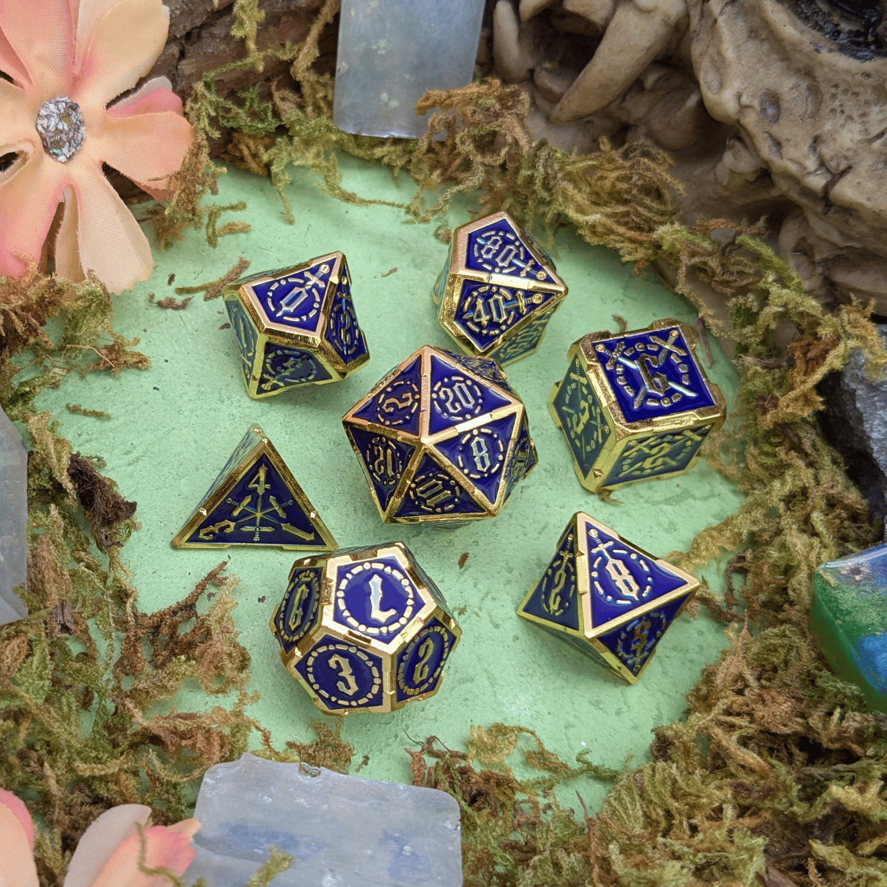 Swords Blue and Gold Metal Core Dice Set