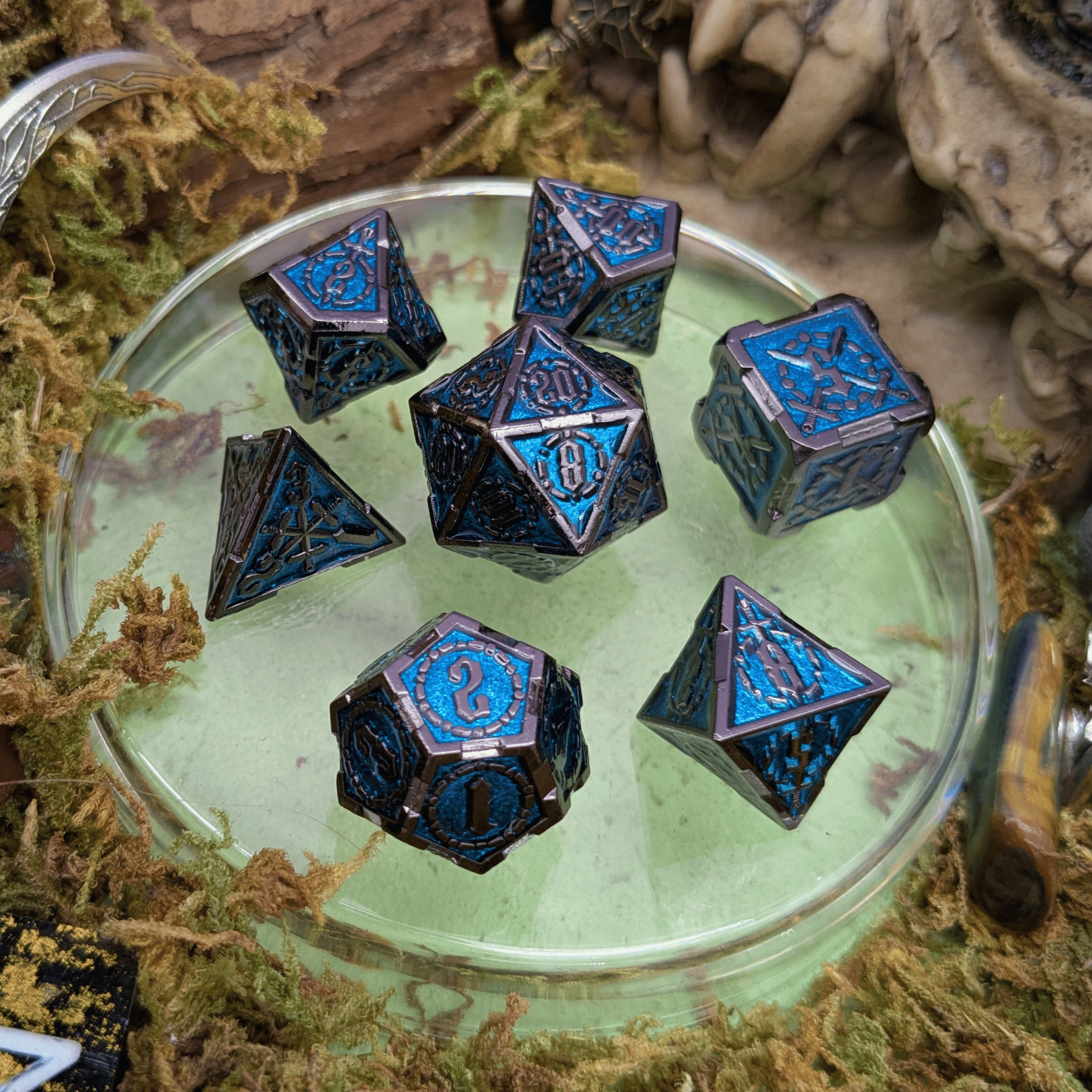 Swords Blue and Silver Metal Core Dice Set