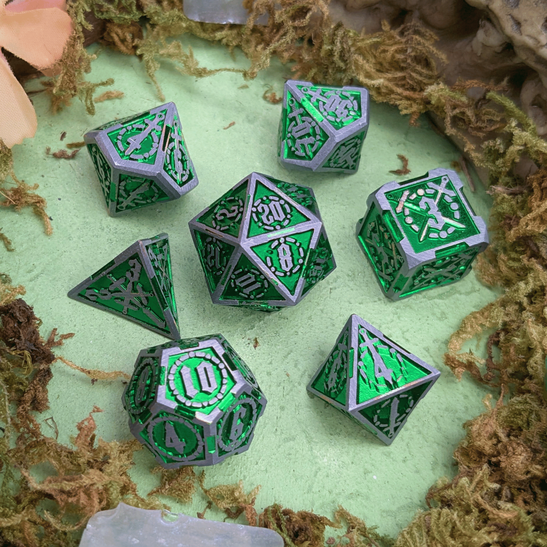 Swords Green and Silver Metal Core Dice Set