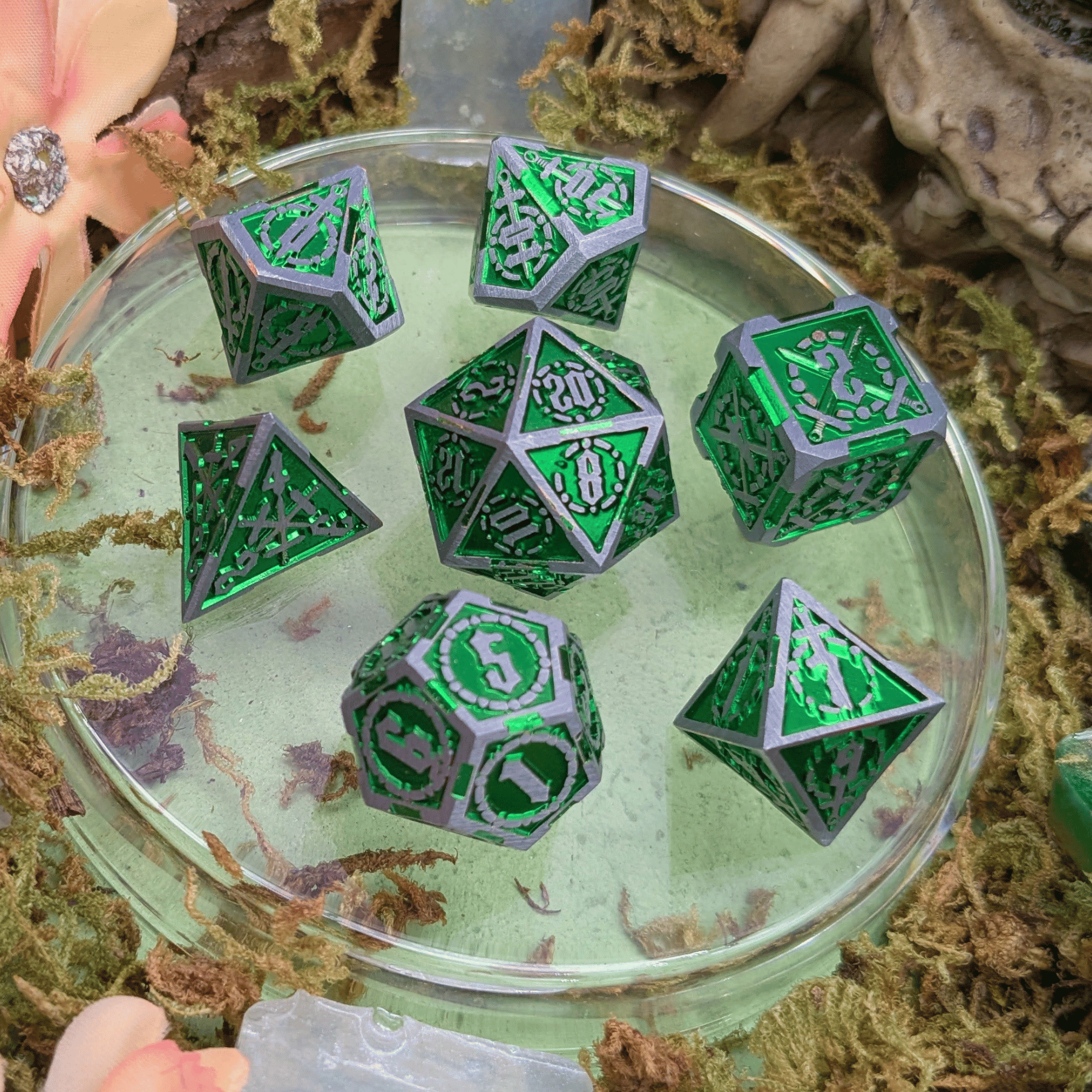 Swords Green and Silver Metal Core Dice Set