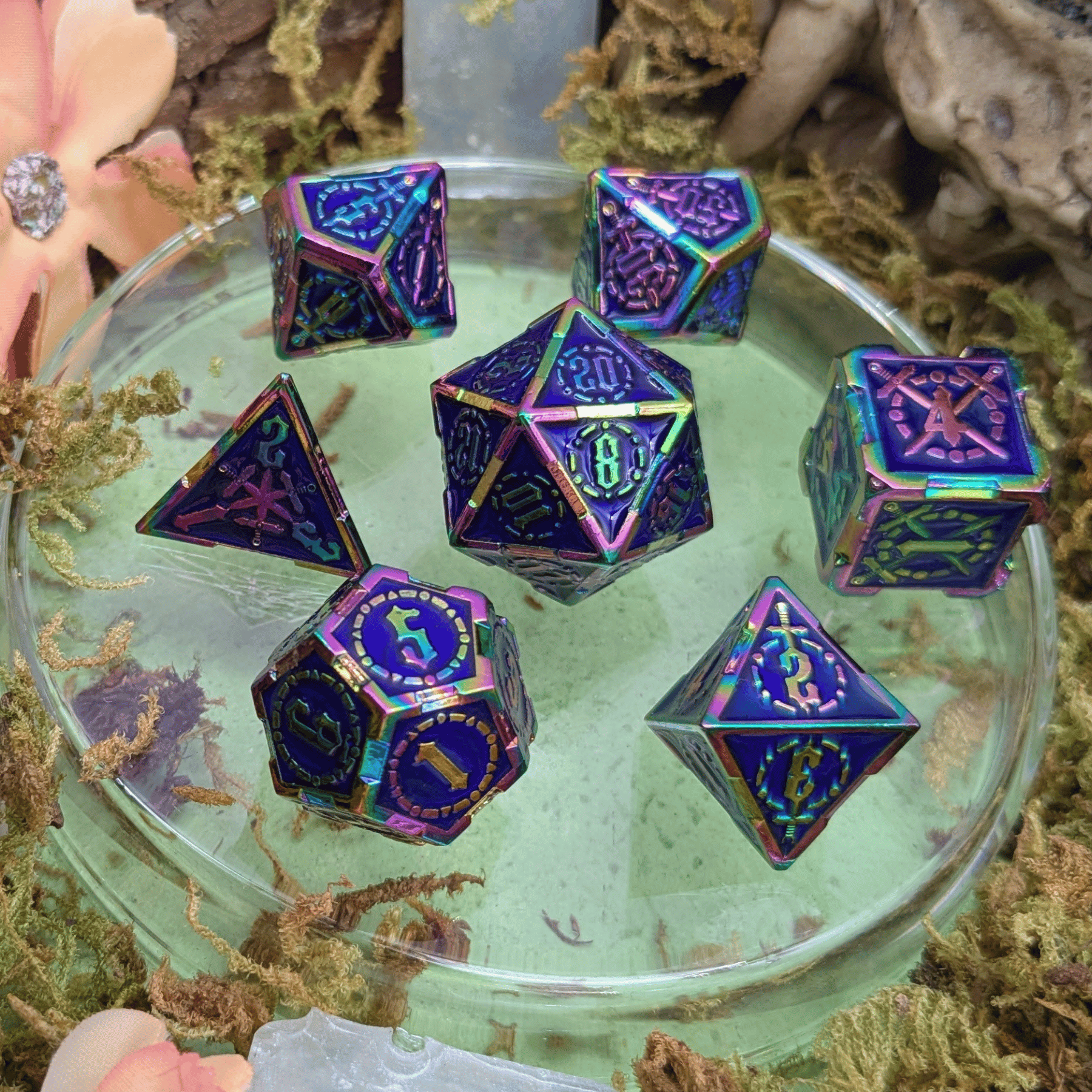 Swords Blue and Rainbow Metal Core Dice Set