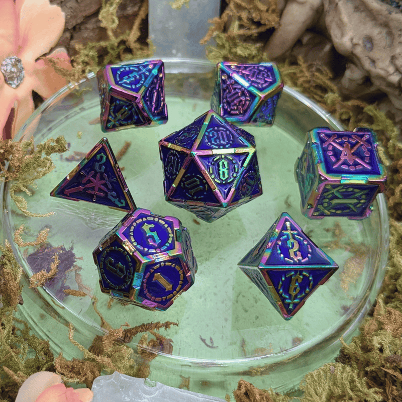 Swords Blue and Rainbow Metal Core Dice Set