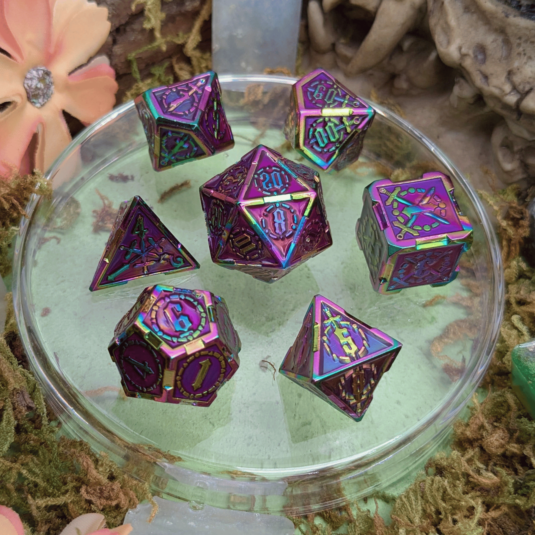 Swords Red and Rainbow Metal Core Dice Set