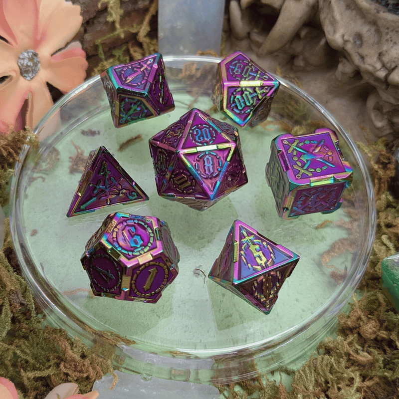 Swords Red and Rainbow Metal Core Dice Set