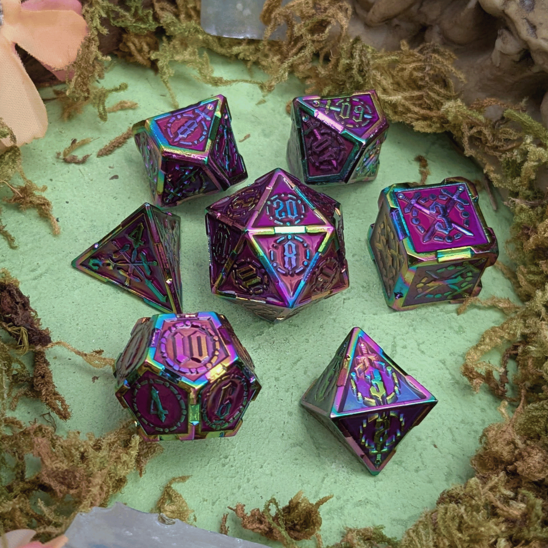 Swords Red and Rainbow Metal Core Dice Set