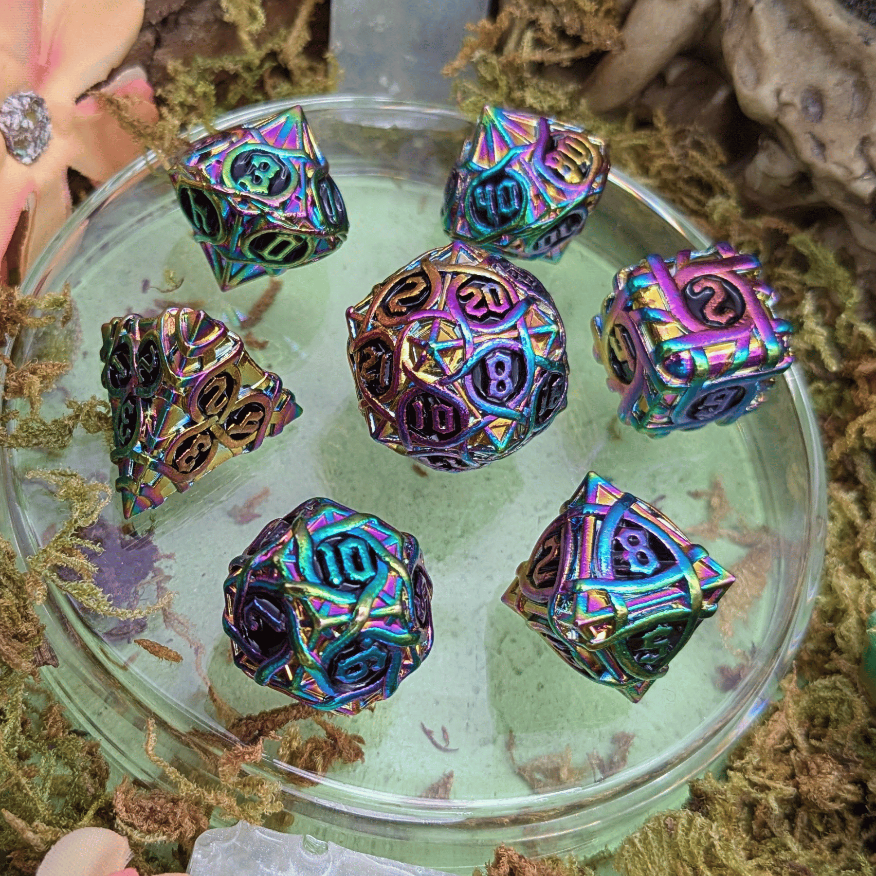 Thorns Rainbow and Black Metal Core Dice Set