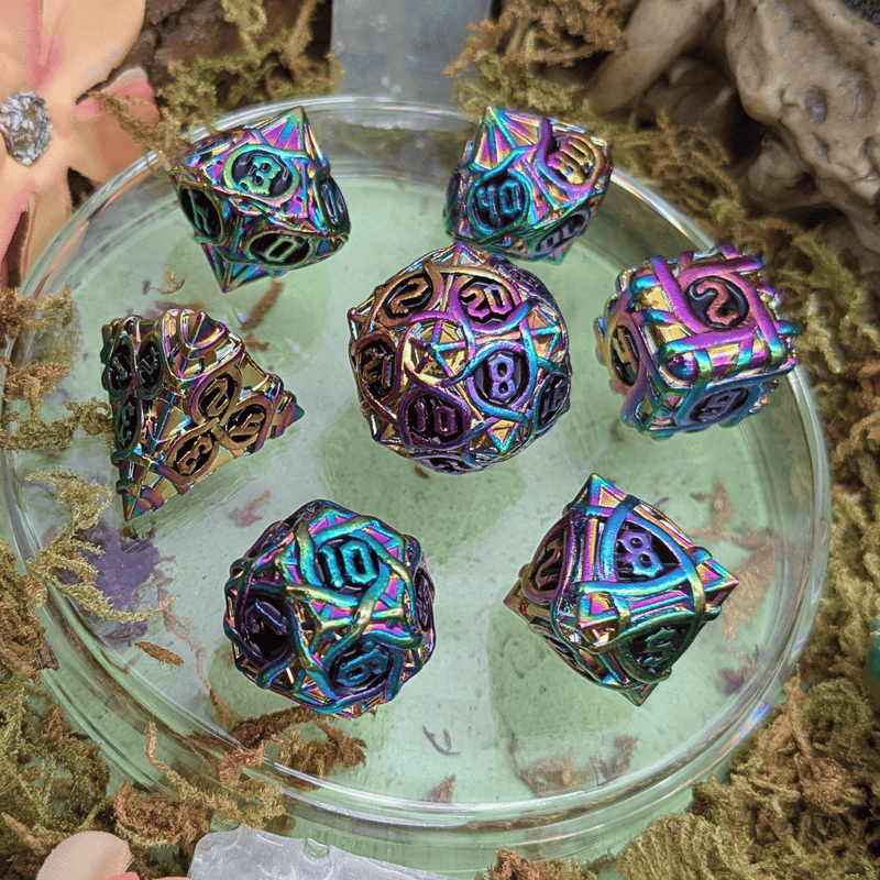 Thorns Rainbow and Black Metal Core Dice Set