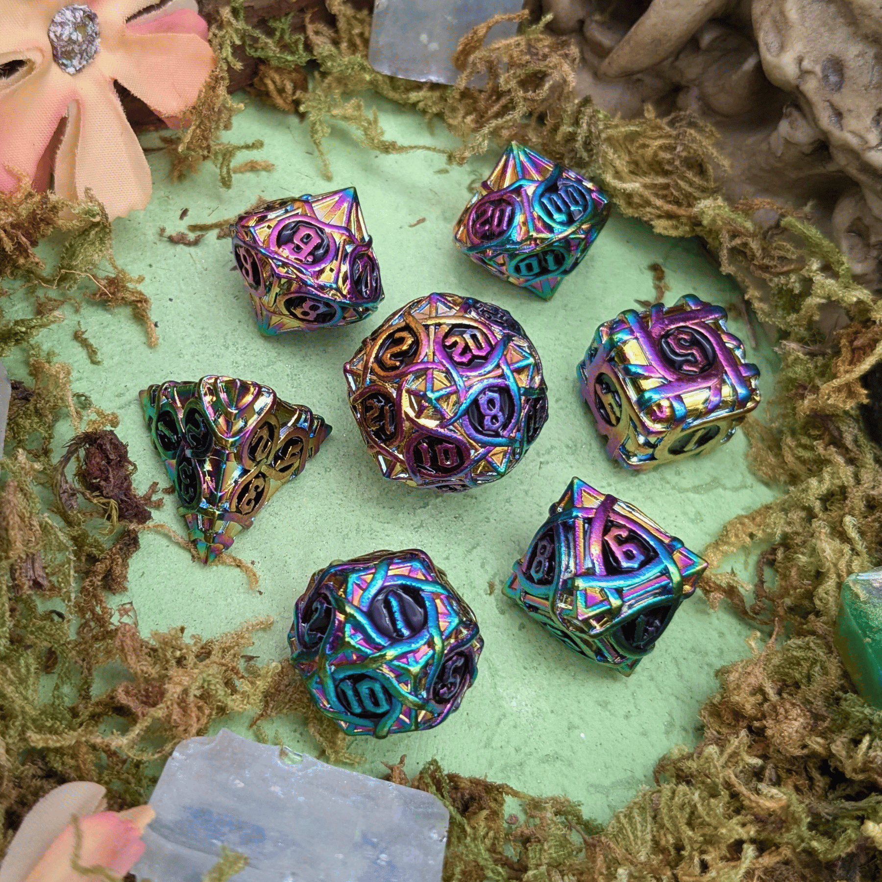 Thorns Rainbow and Black Metal Core Dice Set