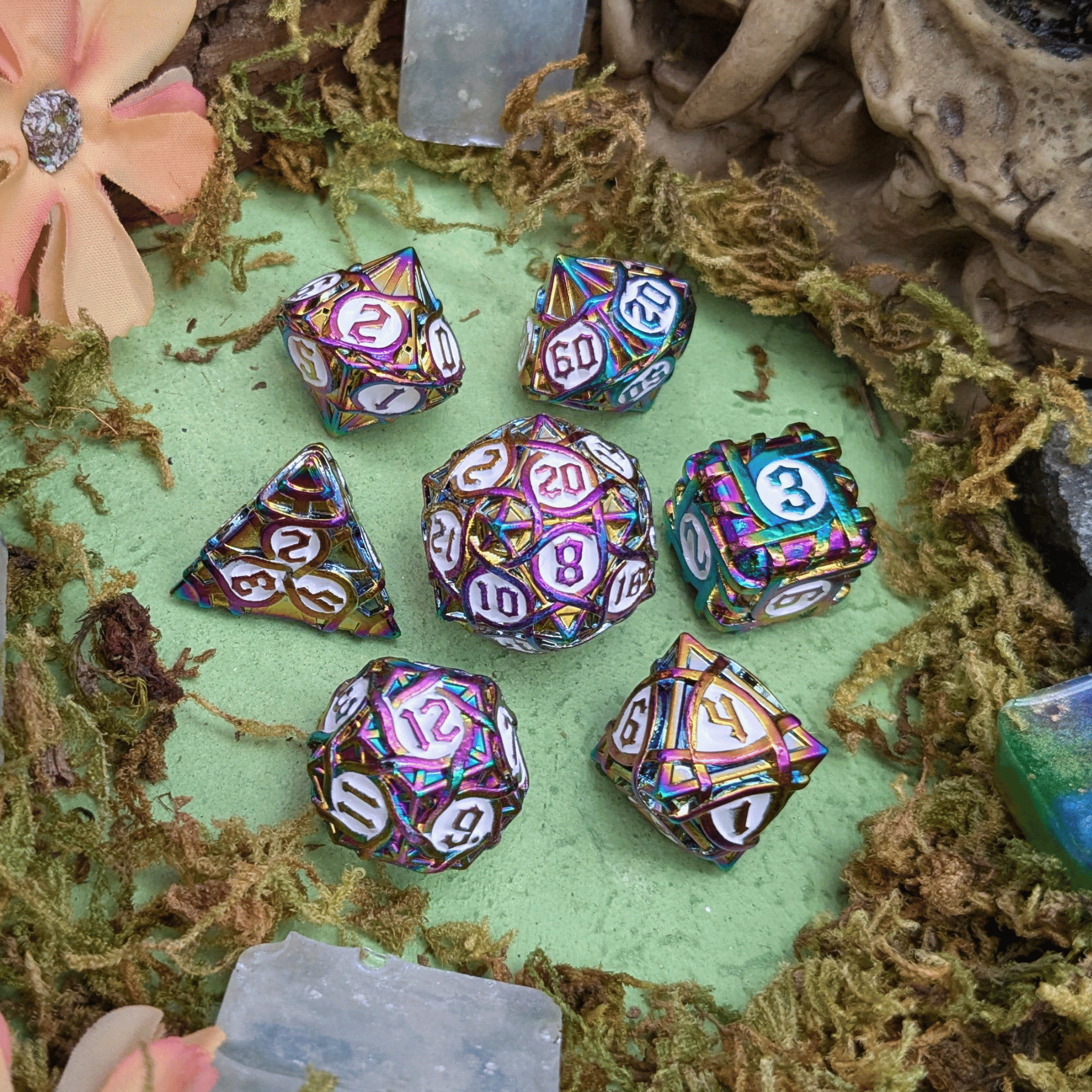 Thorns Rainbow and White Metal Core Dice Set