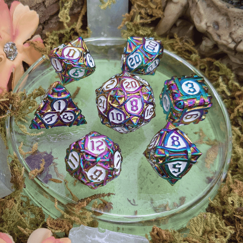Thorns Rainbow and White Metal Core Dice Set