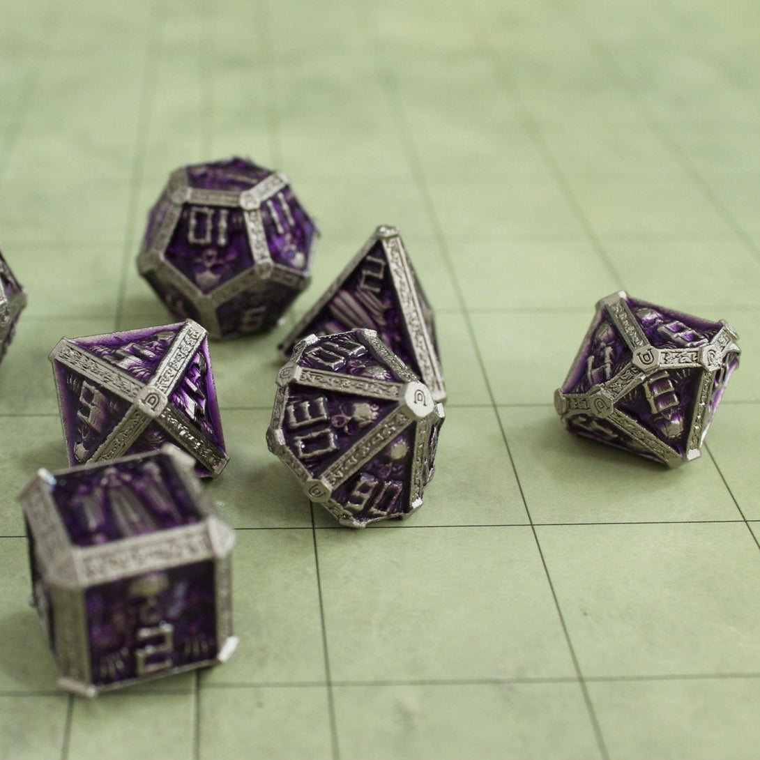 Dnd Chunky Heavy Purple Crypt RPG Metal Polyhedral DnD Skull Dice Set For Dungeons and Dragons Pathfinder Role Playing Game
