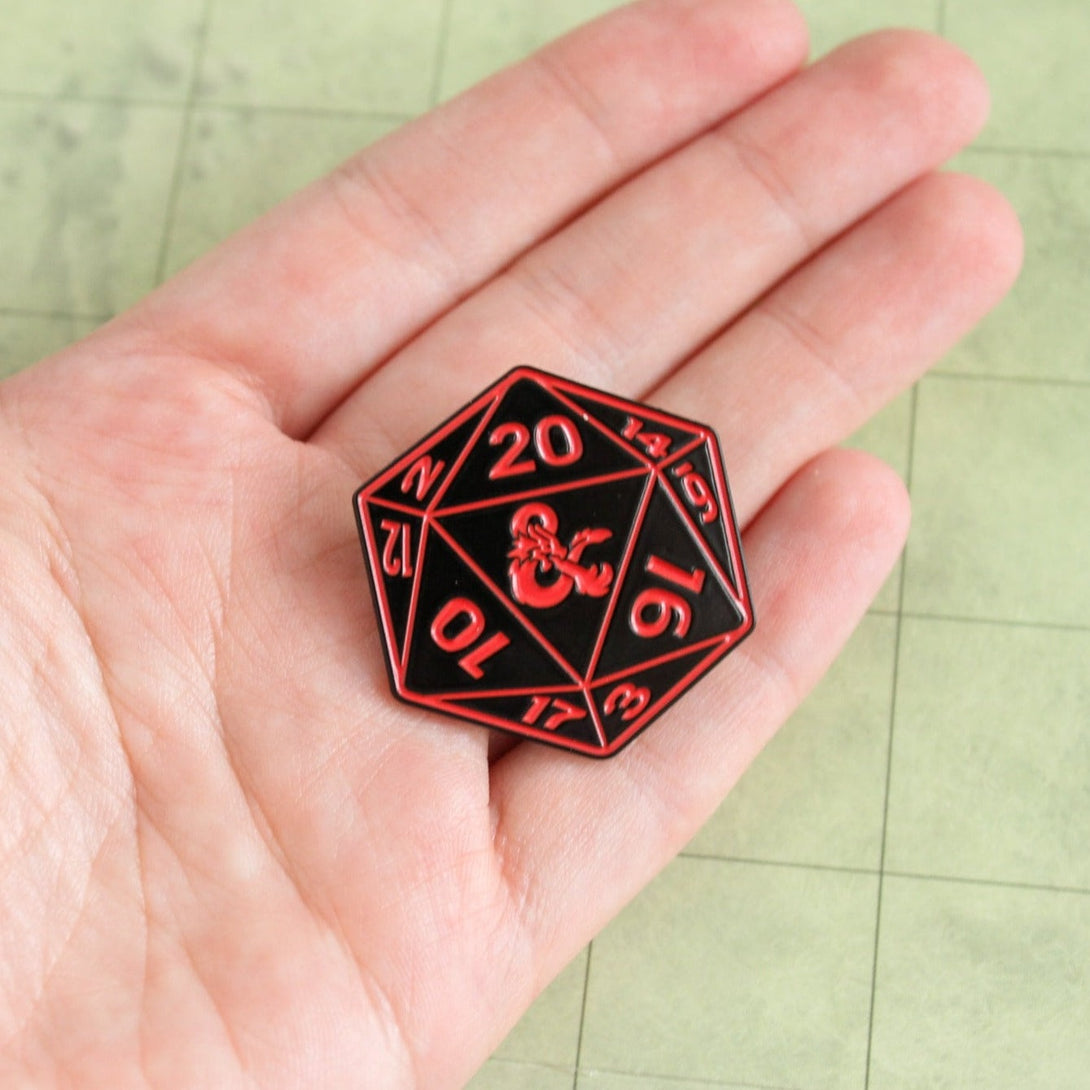 Dungeons and Dragons DnD Gift Red and Black D20 Badge Enamel Pin Broach