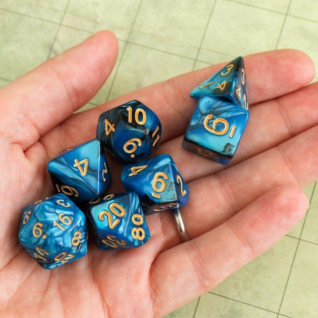Black and Blue Swirl DnD Dice Set| Dungeons and Dragons Dice (7) | Polyhedral Dice