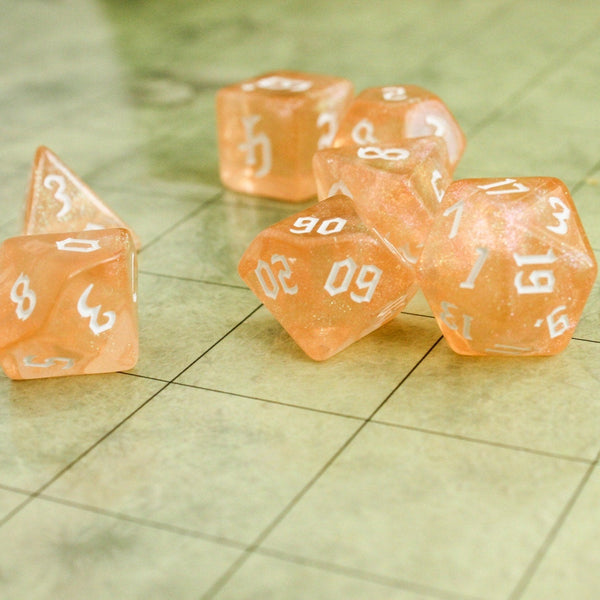 Glitter Peach DnD Dice Set| Dungeons and Dragons Dice (7) | Polyhedral Dice