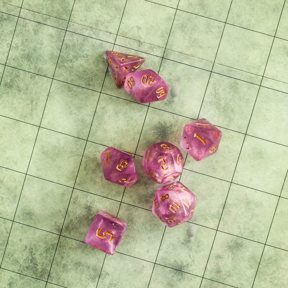 Sparkle Pink DnD Dice Set | With gold specks Inside | Dungeons and Dragons Green Dice (7) | Polyhedral Dice