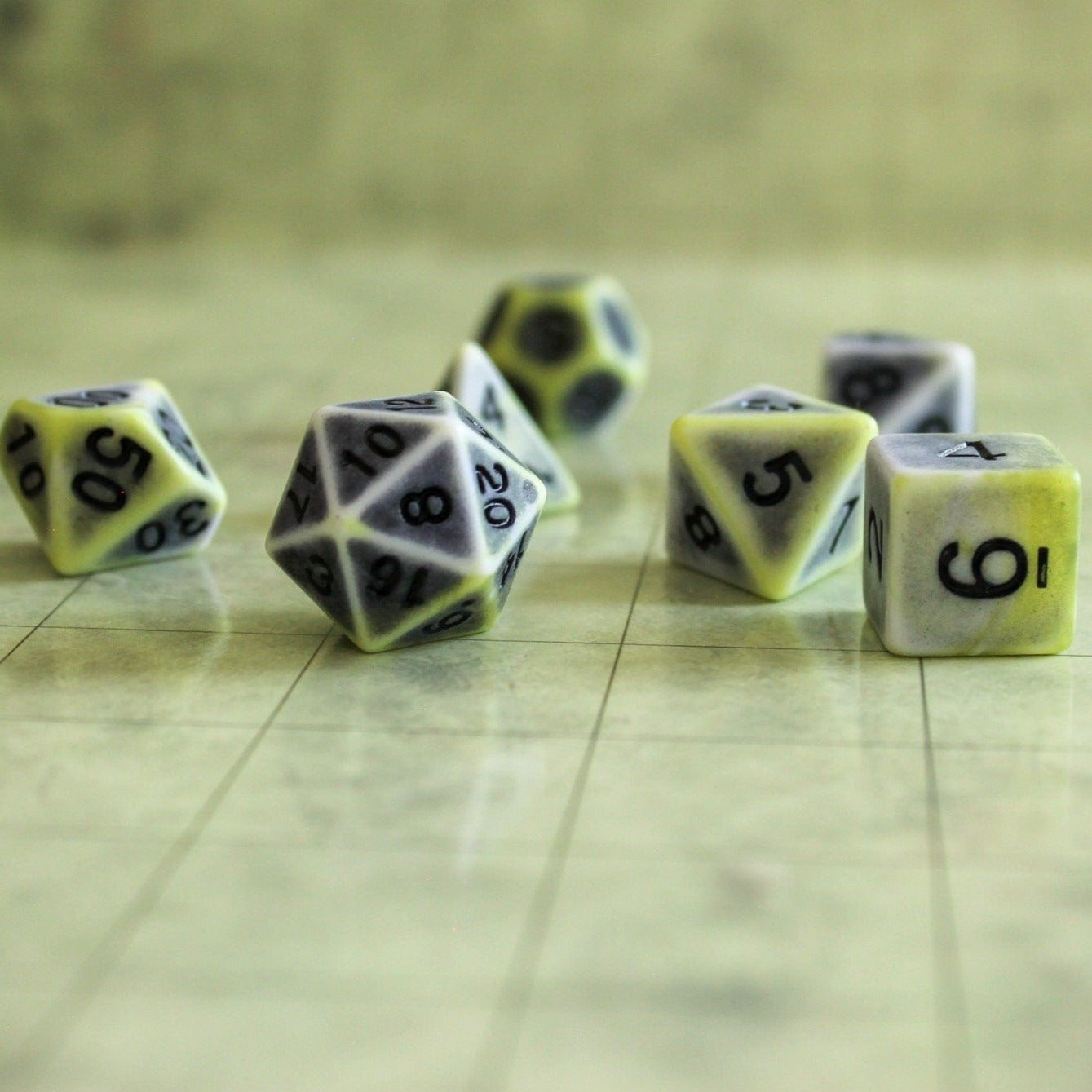 Archaic Yellow Green DnD Dice Set | Dungeons and Dragons Dice (7) | Polyhedral Dice