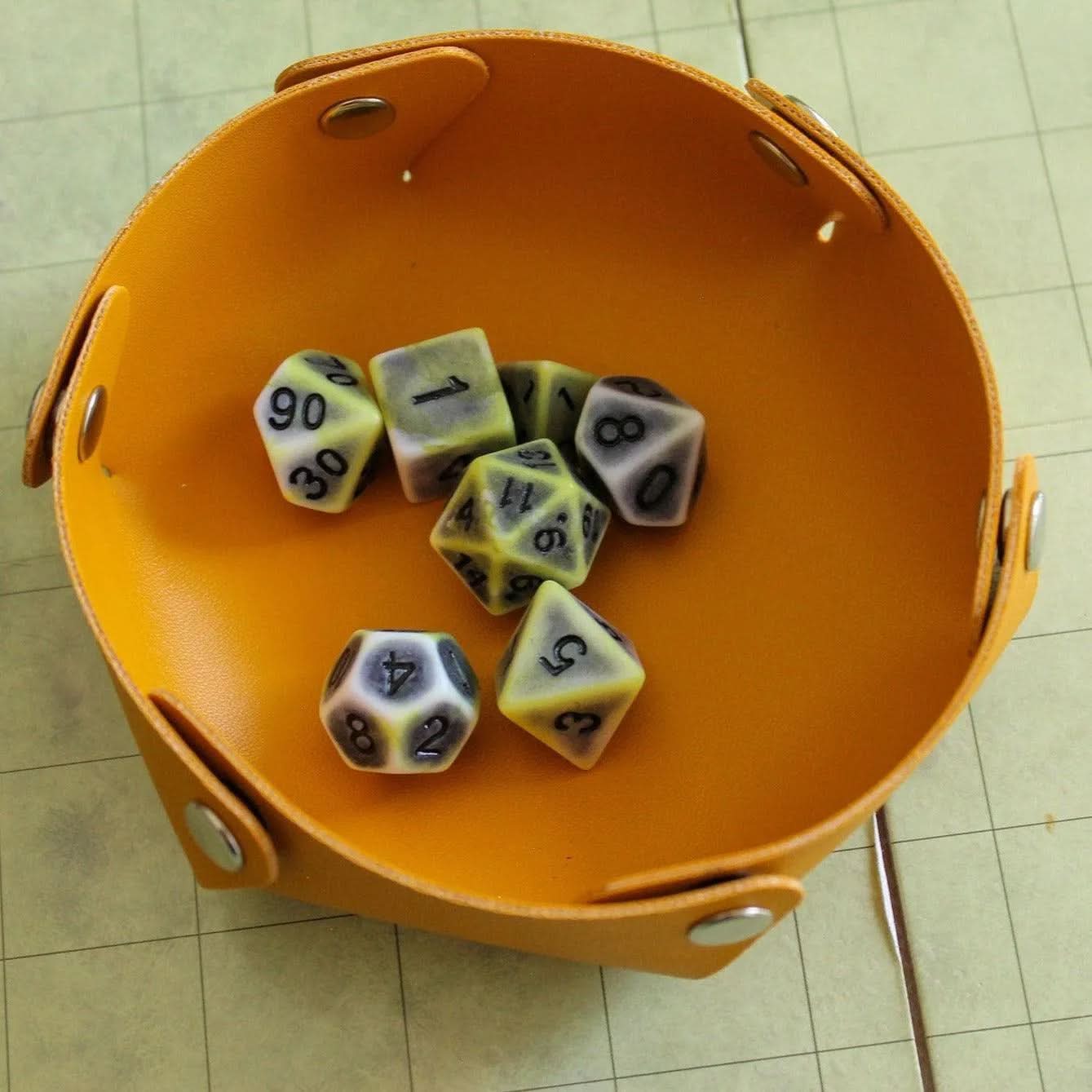 Archaic Yellow Green DnD Dice Set | Dungeons and Dragons Dice (7) | Polyhedral Dice