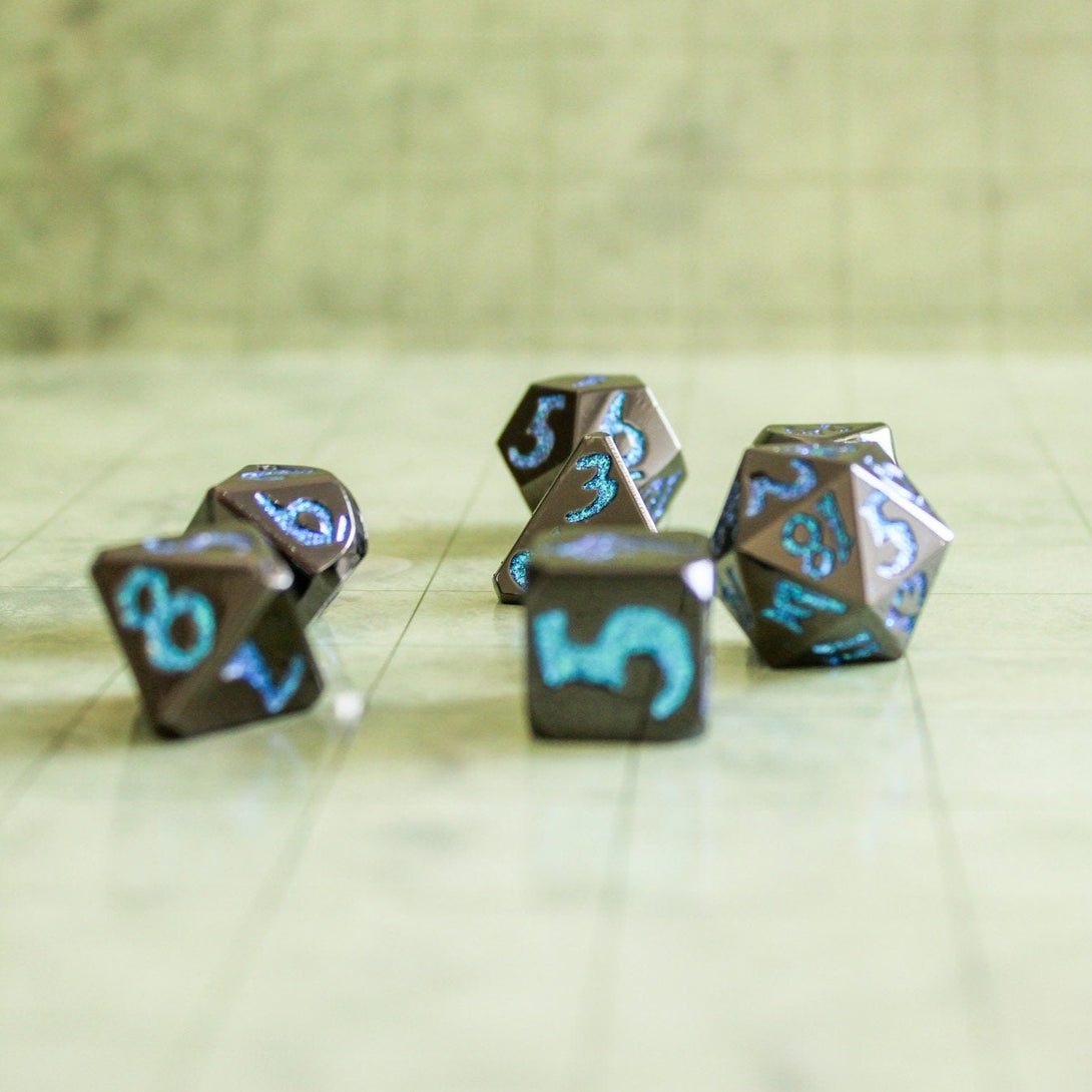 Black Metal with Blue Glitter DnD Dice Set | Dungeons and Dragons Dice | Metal Dice Tabletop Set