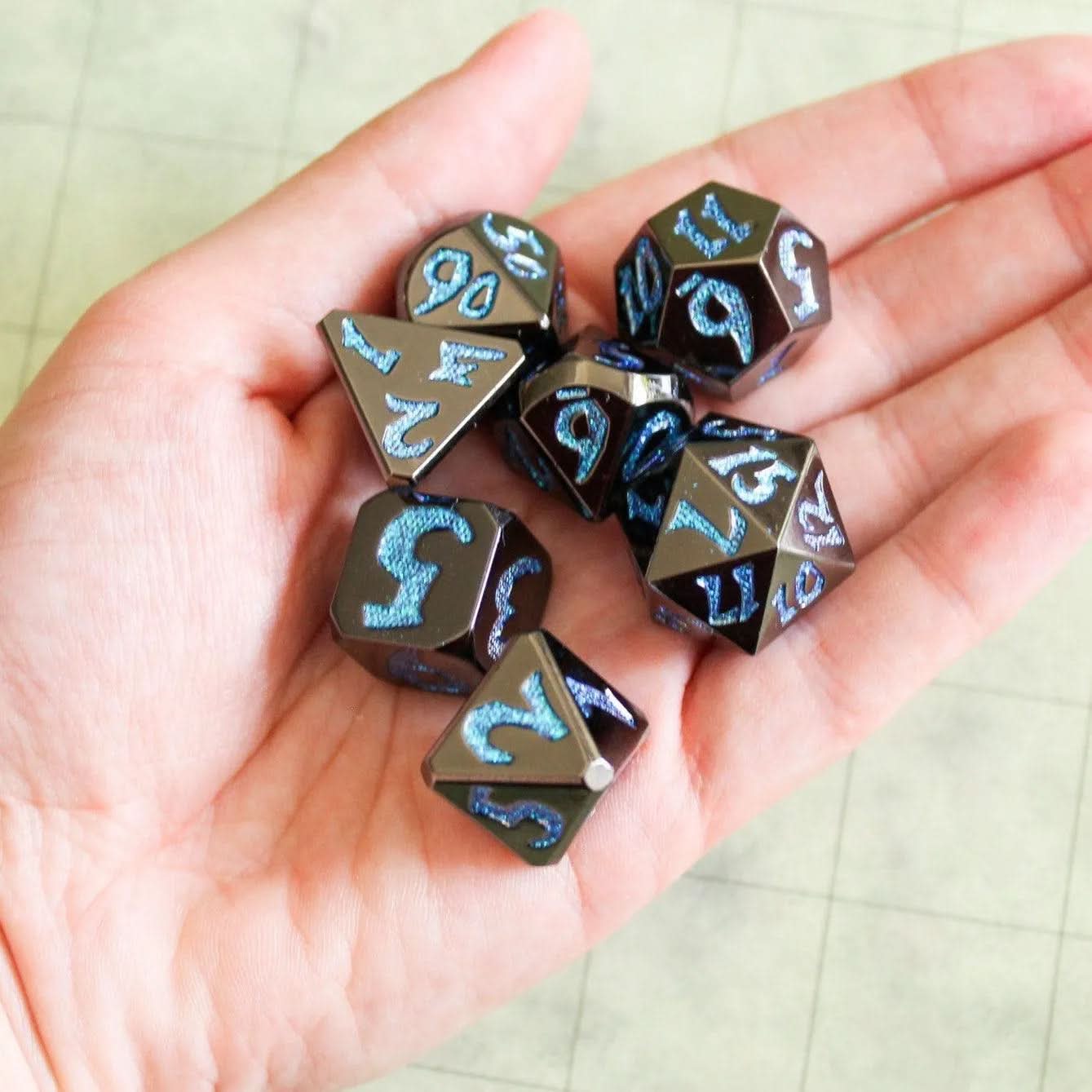 Black Metal with Blue Glitter Dice Set
