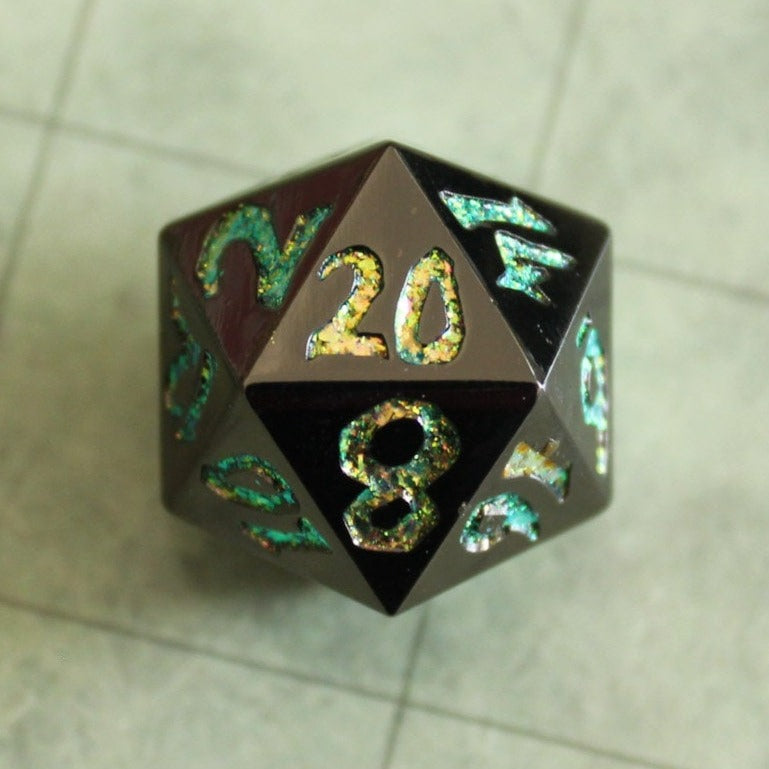 Black Metal with Yellow Glitter DnD Dice Set | Dungeons and Dragons Dice | Metal Dice Tabletop Set