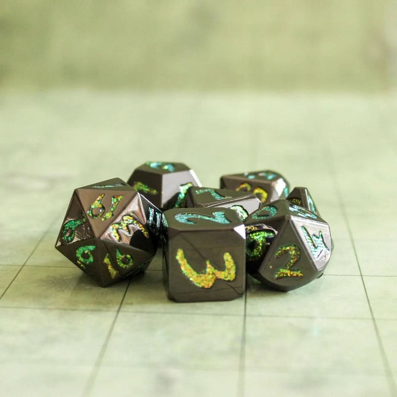 Black Metal with Yellow Glitter Dice Set