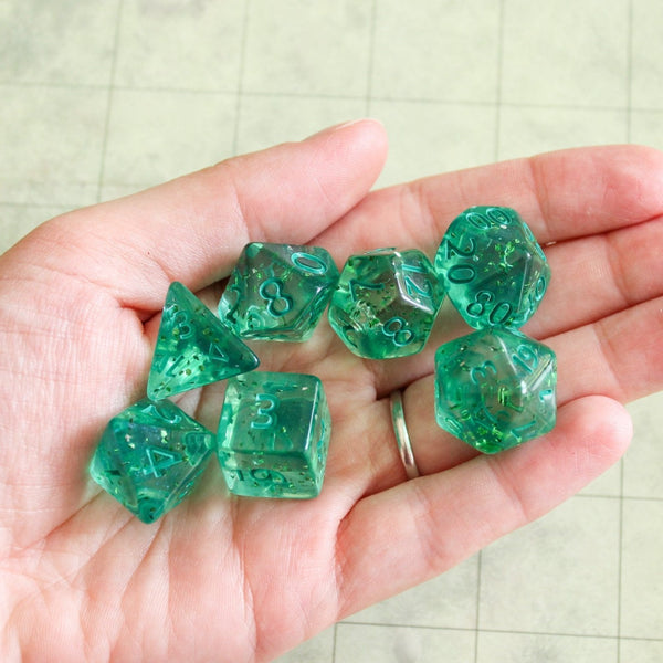 Green Glitter Dice Set | Transparent Dice for DnD | Dungeons and Dragons See Through Dice (7) | Polyhedral Green Dice