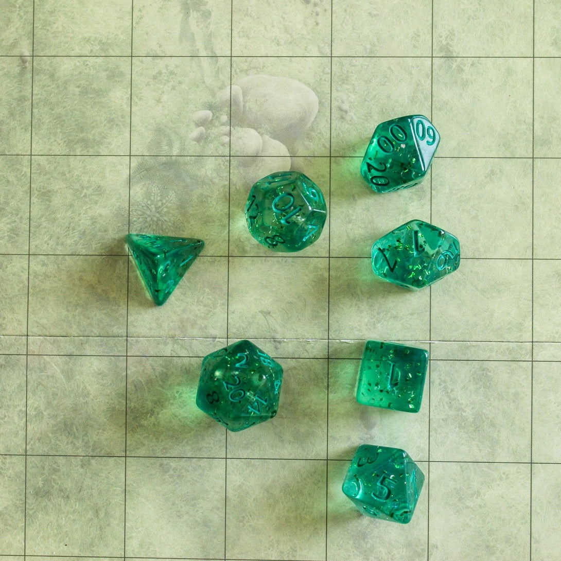 Green Glitter Dice Set | Transparent Dice for DnD | Dungeons and Dragons See Through Dice (7) | Polyhedral Green Dice