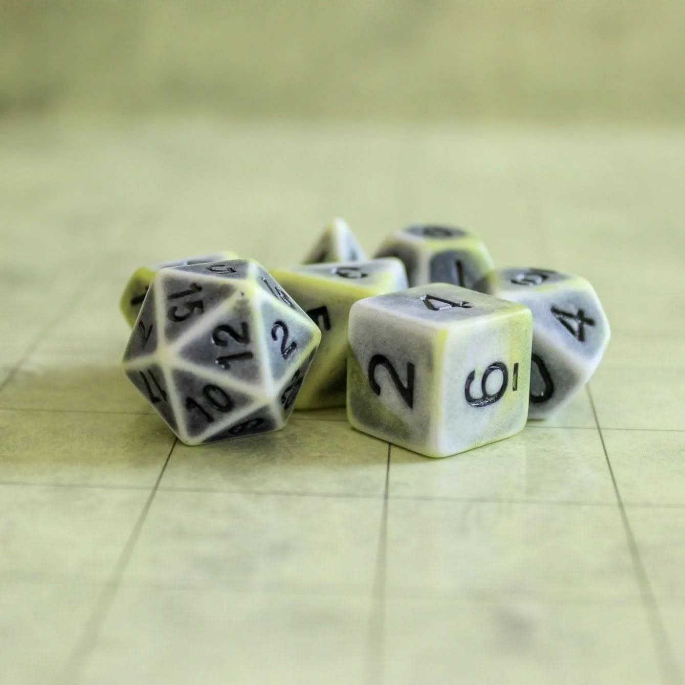 Archaic Yellow Green DnD Dice Set | Dungeons and Dragons Dice (7) | Polyhedral Dice