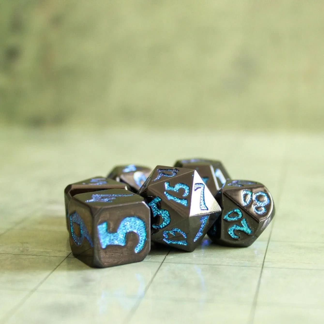 Black Metal with Blue Glitter Dice Set