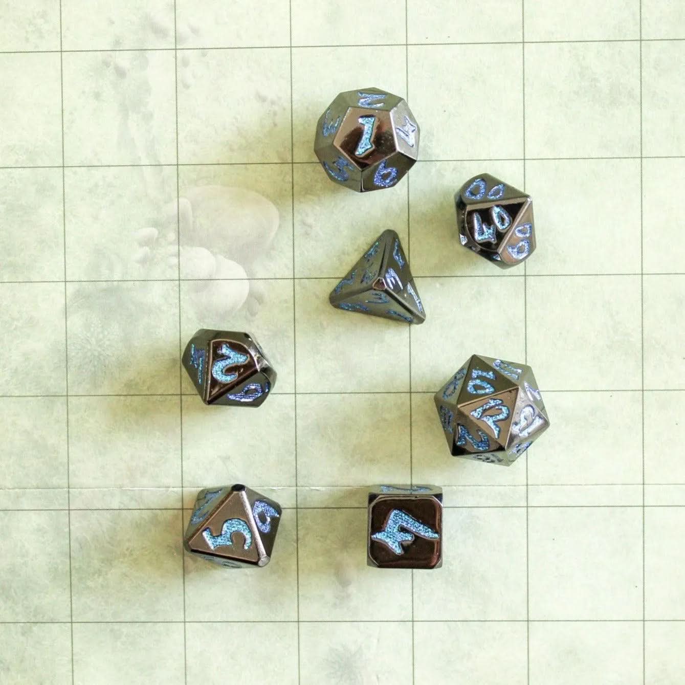 Black Metal with Blue Glitter Dice Set
