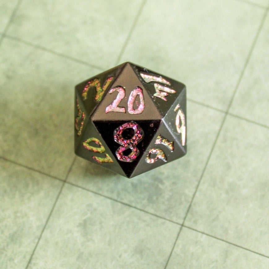 Black Metal with Pink Glitter DnD Dice Set | Dungeons and Dragons Dice | Metal Dice Tabletop Set