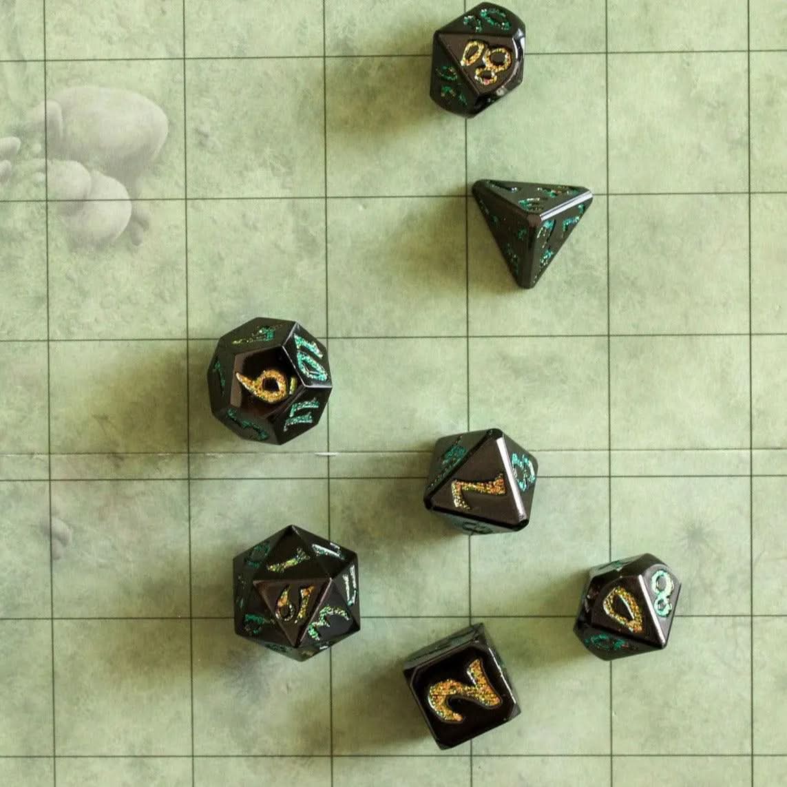 Black Metal with Yellow Glitter TTRPG  Dice Set |    Dice | Metal Dice Tabletop Set